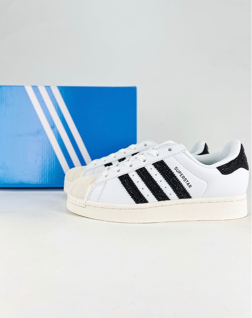 Adidas Superstar II Sneakers (White/Black Rhinestone Stripes)