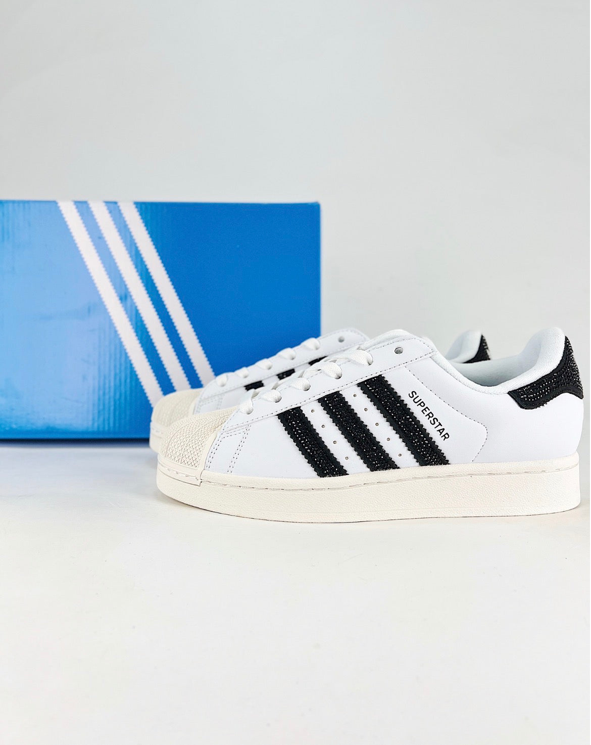Adidas Superstar II Sneakers (White/Black Rhinestone Stripes)