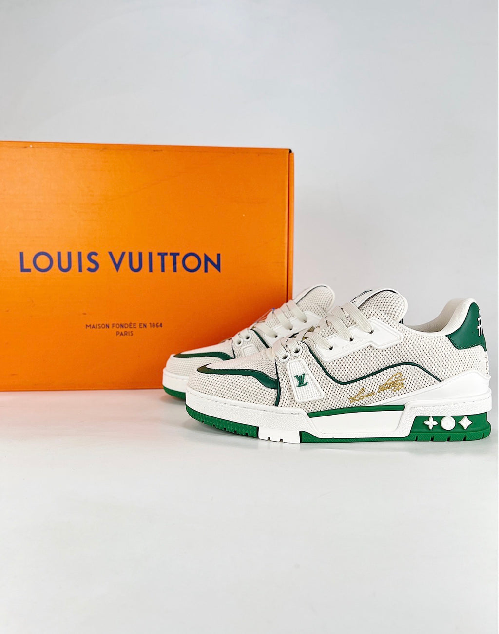 Louis Vuitton LV Trainer (White/Green with Gold Signature)