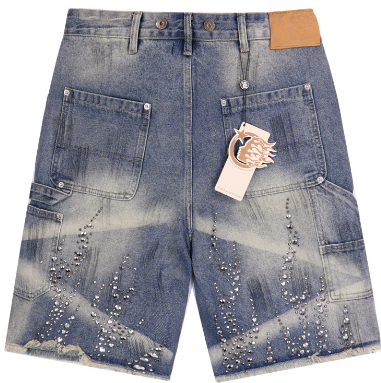 Hellstar Studded Flame Carpenter Denim Shorts (Medium Blue Wash)