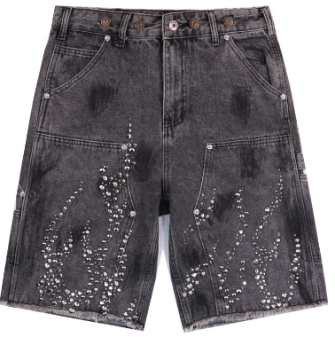 Hellstar Studded Flame Carpenter Denim Shorts (Black/Grey Wash)