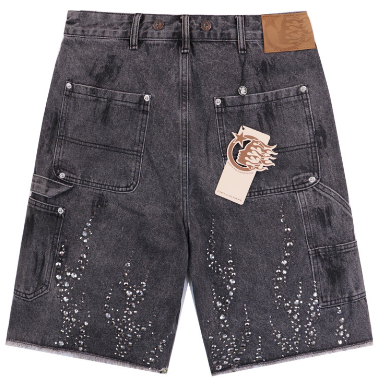 Hellstar Studded Flame Carpenter Denim Shorts (Black/Grey Wash)