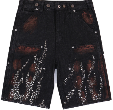 Hellstar Studded Flame Carpenter Denim Shorts (Black/Rust Wash)
