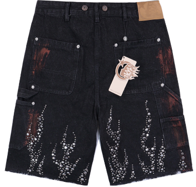 Hellstar Studded Flame Carpenter Denim Shorts (Black/Rust Wash)