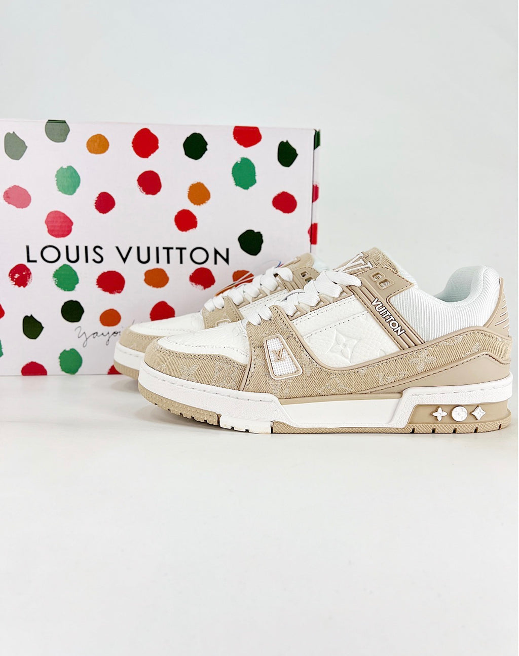 Louis Vuitton LV Trainer (Beige Monogram Denim/White Calf Leather)