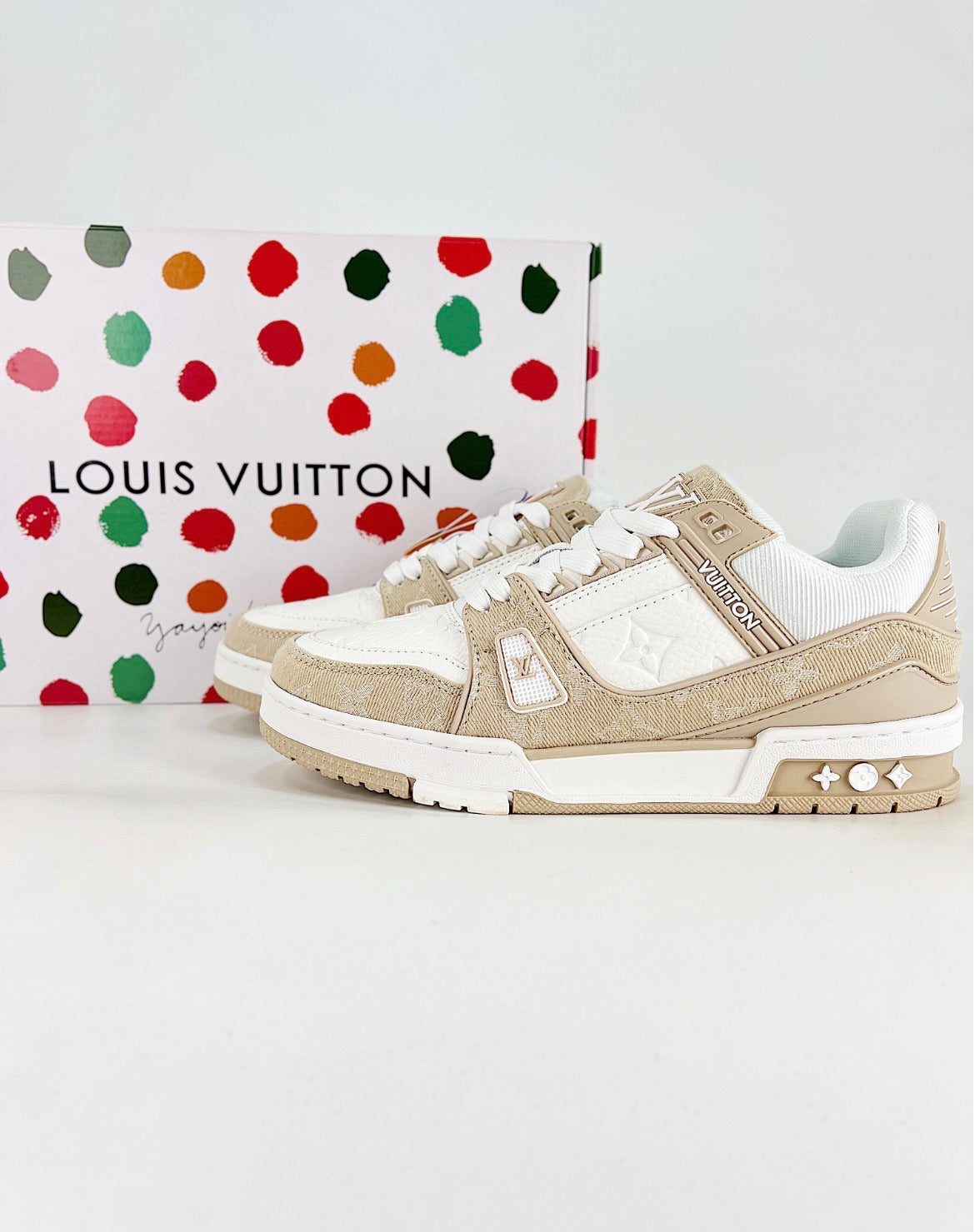 Louis Vuitton LV Trainer (Beige Monogram Denim/White Calf Leather)