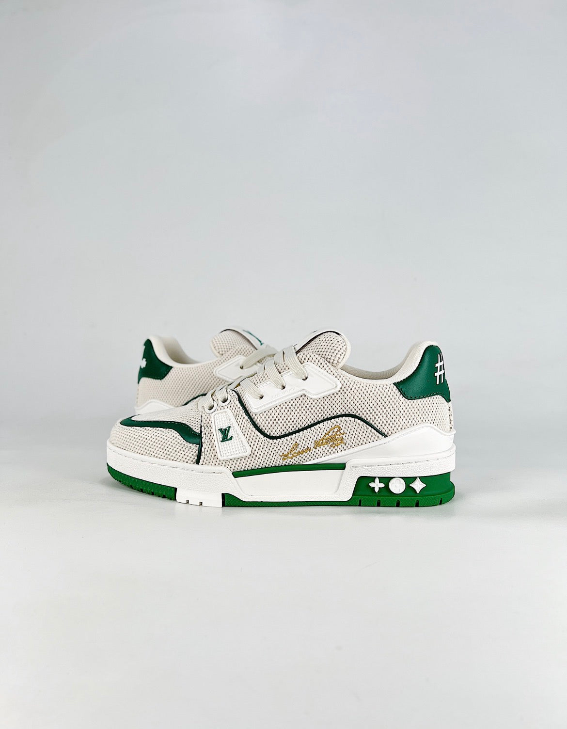 Louis Vuitton LV Trainer (White/Green with Gold Signature)