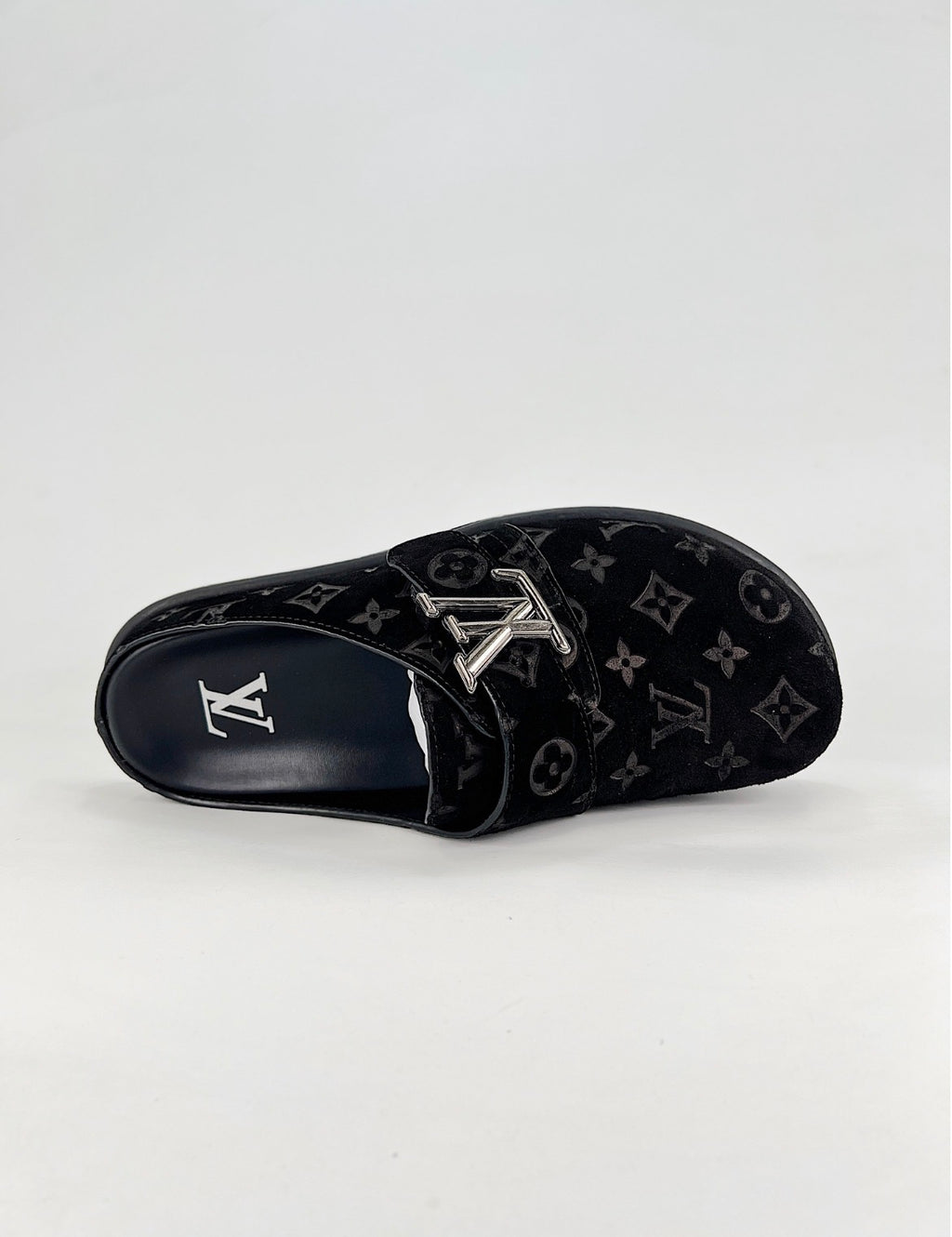 Louis Vuitton (Monogram Suede LV Lock Mule/Black)