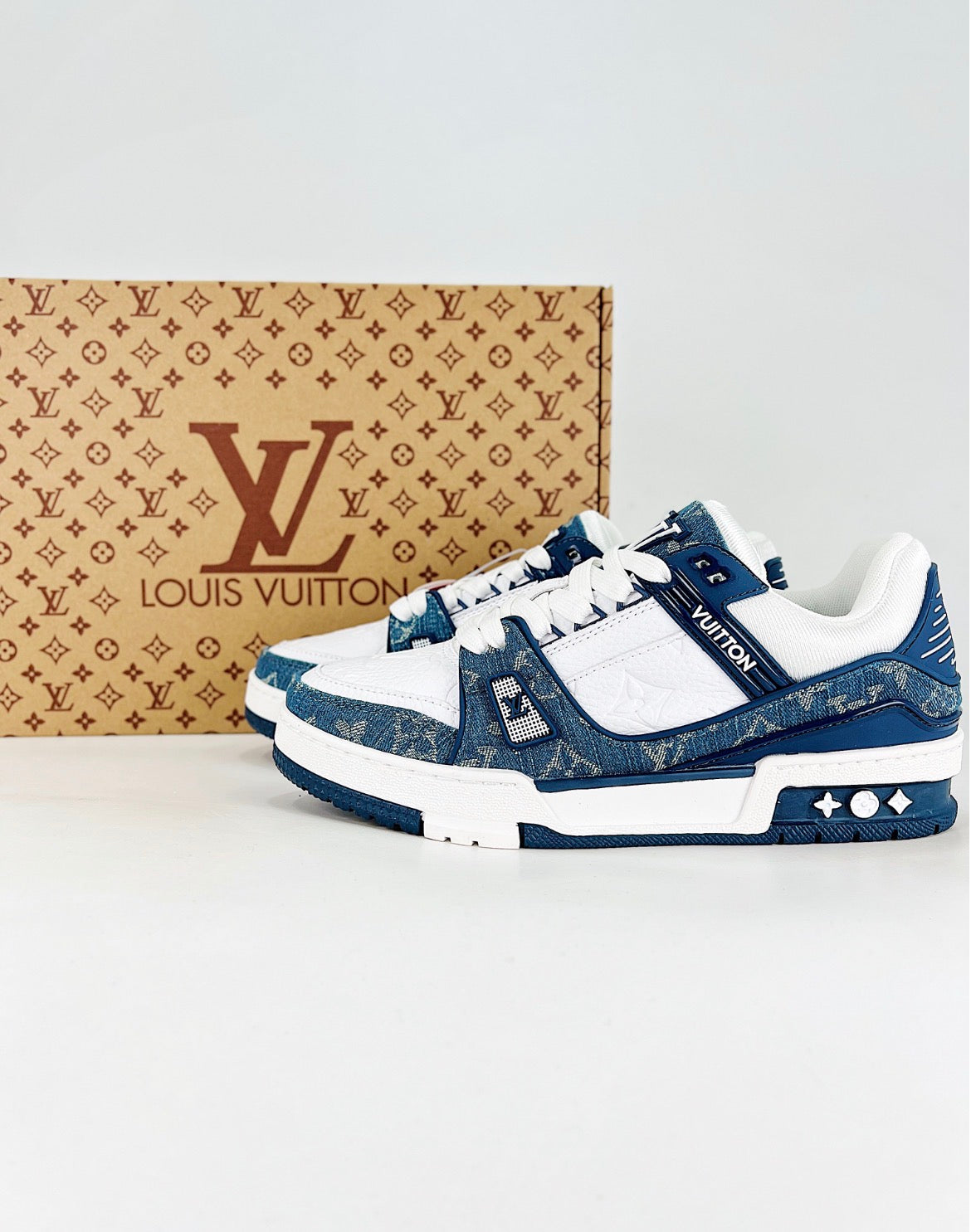 Louis Vuitton LV Trainer (Blue Monogram Denim/White Leather)