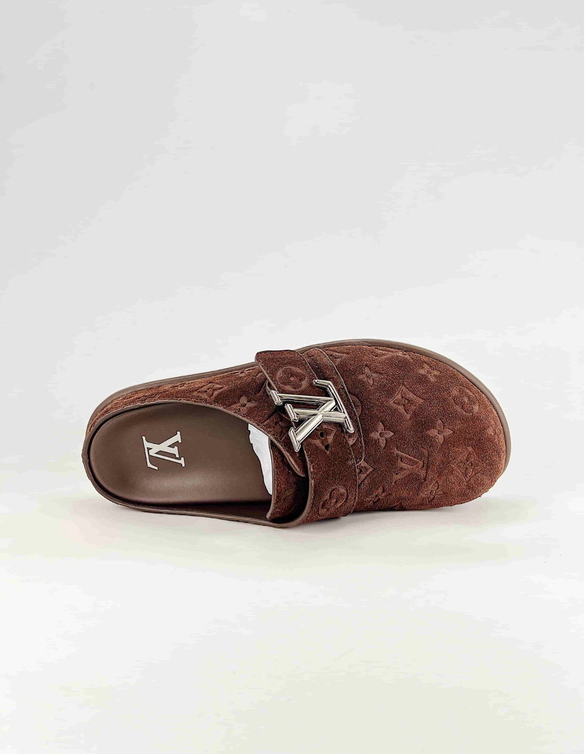 Louis Vuitton (Monogram Suede LV Lock Mule/Chocolate Brown)