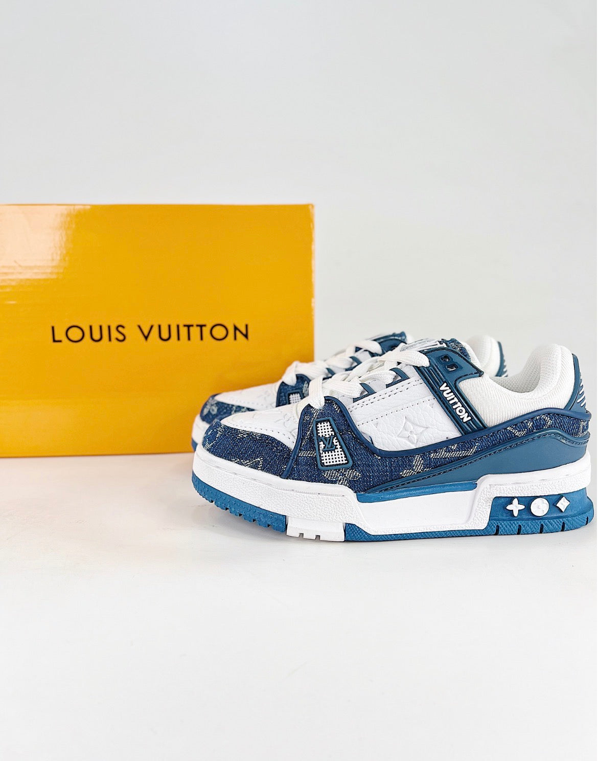 Louis Vuitton LV Trainer (Blue Monogram Denim/White Calf Leather)